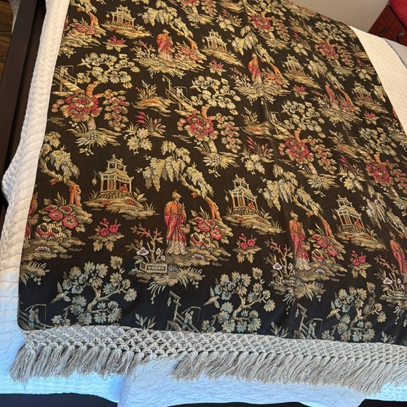 Toile Throw Blanket, Asian Garden Pagoda Fabric, Decorative Designer Throw - Picture 1 of 6